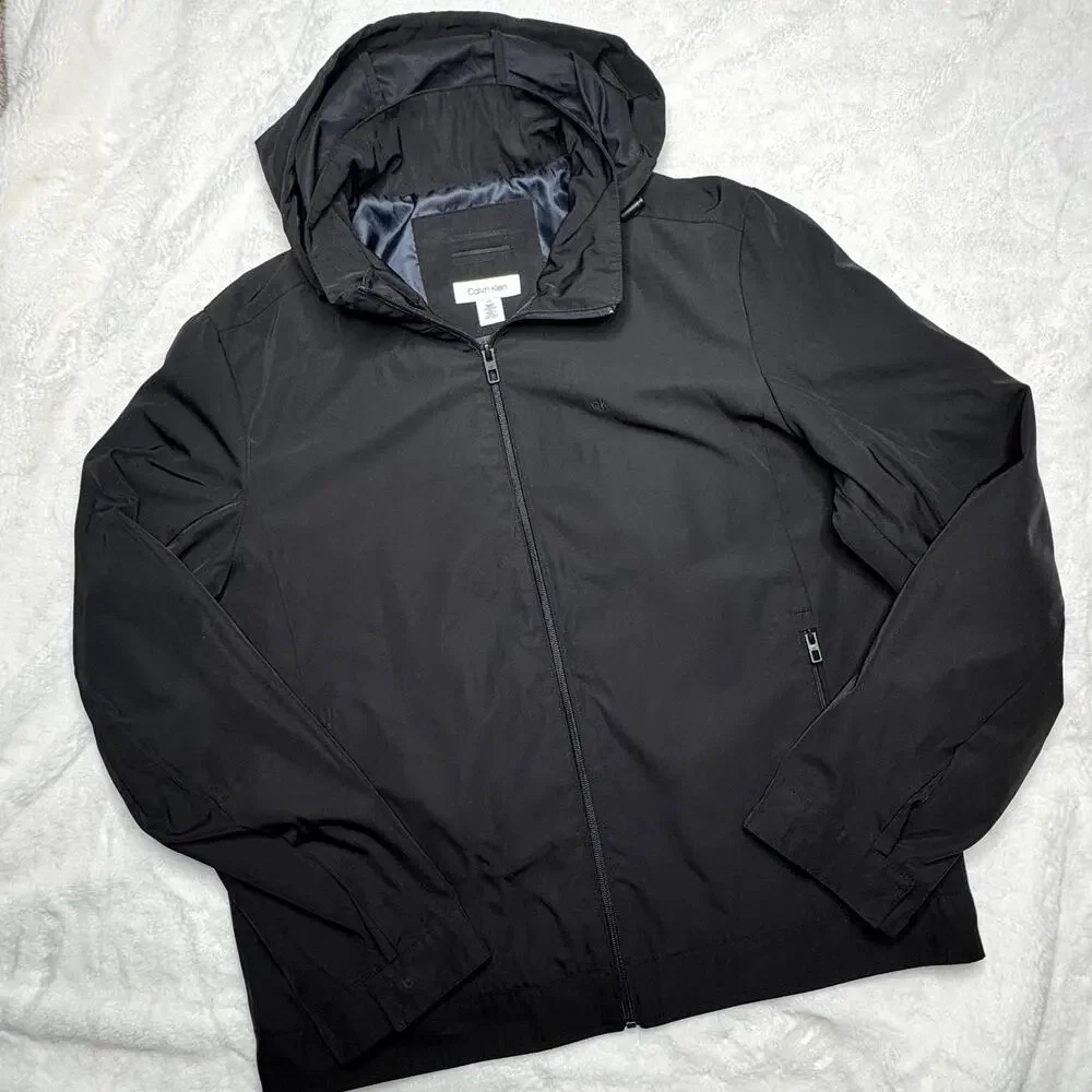 CALVIN KLEIN Men's Black Mid weight Hooded Casual Rain Jacket size Large